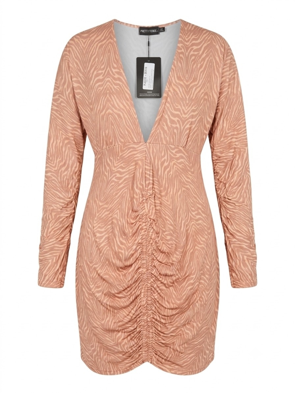 PrettyLittleThing Blush Zebra Ruched V-Neck Long Sleeve Mini Dress